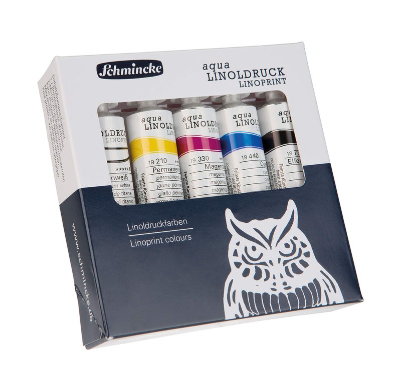 Schmincke شمنكه - مجموعة طباعة اللينوليوم aqua-LINOLDRUCK مع 5 أنابيب سعة 20 مل، 82 005 097، أفضل أحبار طباعة اللينوليوم، خطوط حادة، طباعة متساوية، ألوان زاهية، أفضل مقاومة للضوء...  - Image 1